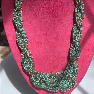 Handwoven Turquoise and Gold Beaded Twist Necklace - Women Jewelry